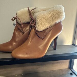 Coach Tan Leather Heeled Boots with Cream Fur Trim